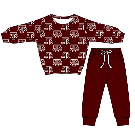 Custom moq 5 mix size milk silk summer teams baby boy clothes dark red long sleeve pants sets-25.11.22