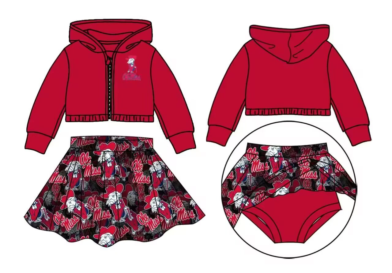 custom moq 3 eta 6-7weeks team summer baby girls clothes red hooded with skirts sets