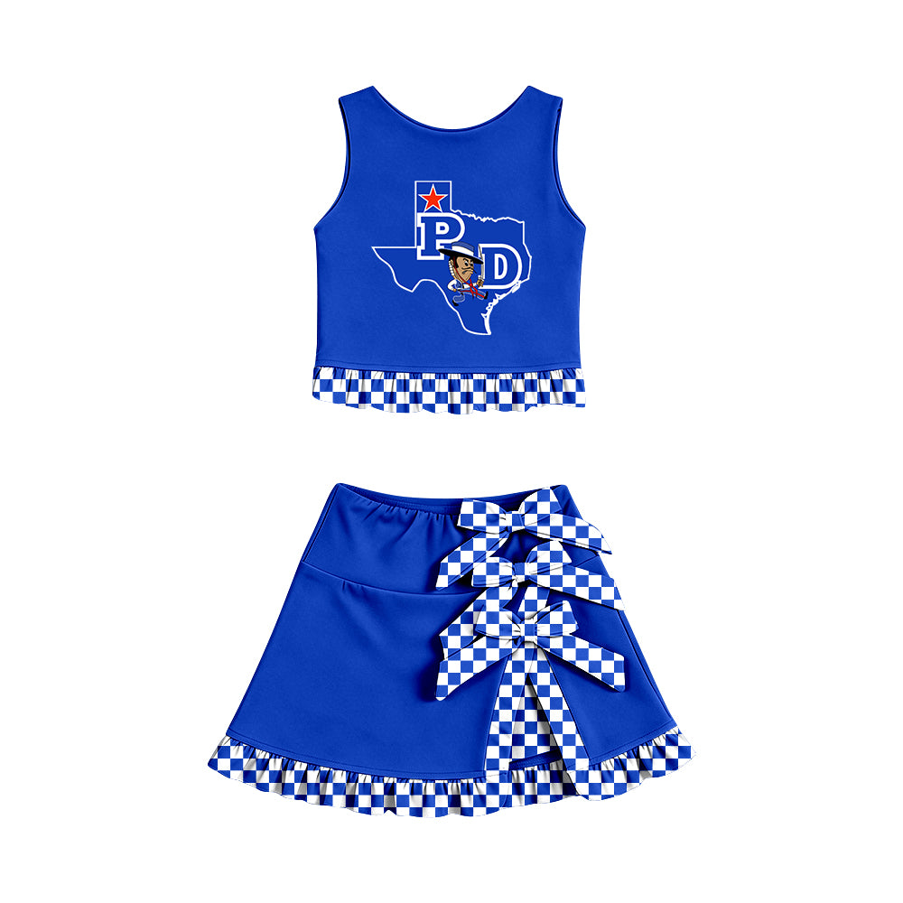 LP01 Baby Girls Blue Sleeveless Vest Top Bow Scallop Edge Skort Two Piece Yoga Active Clothes Sets