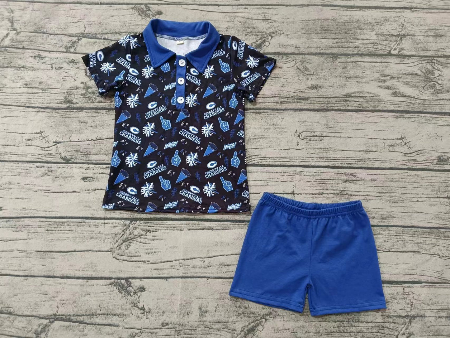 Custom moq 3 eta 6-7weeks  Blue Fireworks-Hand Gesture-Letter Pattern Button Pullover Short Sleeve Shorts Set