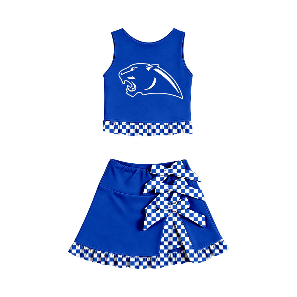 LP01 Baby Girls Blue Sleeveless Vest Top Bow Scallop Edge Skort Two Piece Yoga Active Clothes Sets