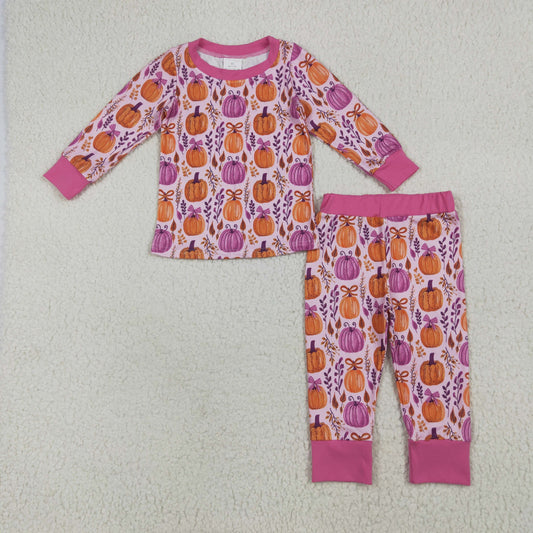 rts no moq GLP2415 Bowknot pumpkin leaf rose red long-sleeved trousers pajamas set