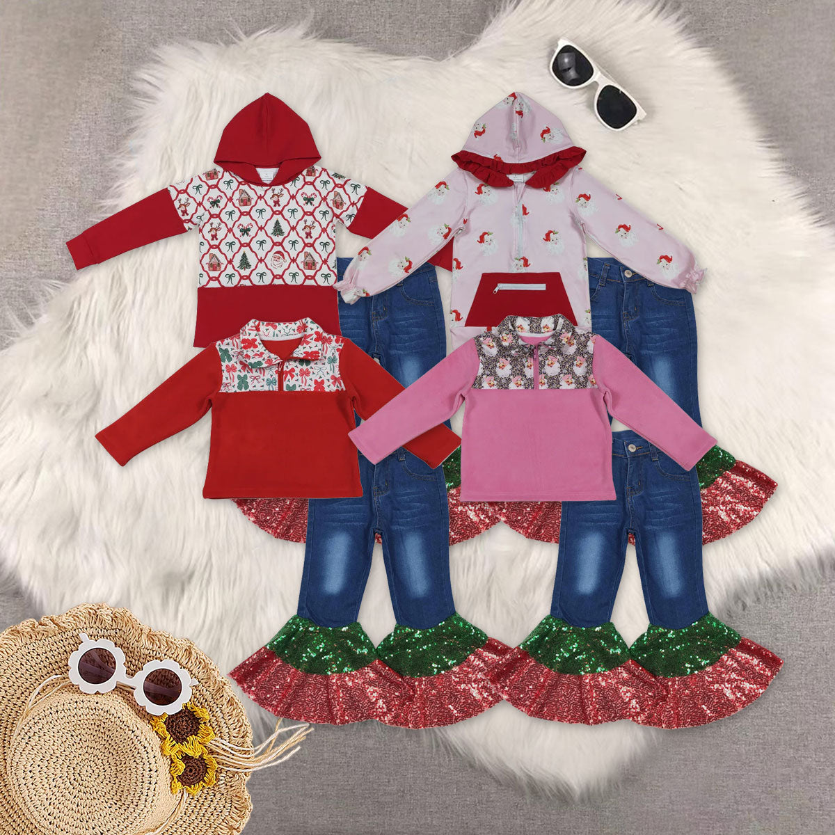 RTS NO MOQ Sibling Baby Girls hooded Long Sleeve Tops demin pants sets