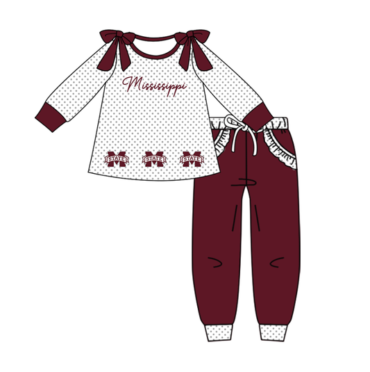 Custom moq 8 mix size milk silk summer teams baby girl clothes dark red long sleeve pants sets-25.9.27