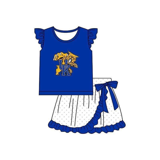 Custom moq 5 mix size milk silk summer teams Baby Girls Cute Blue Flutter Sleeve Top Ruffle Skirt Shorts Sets