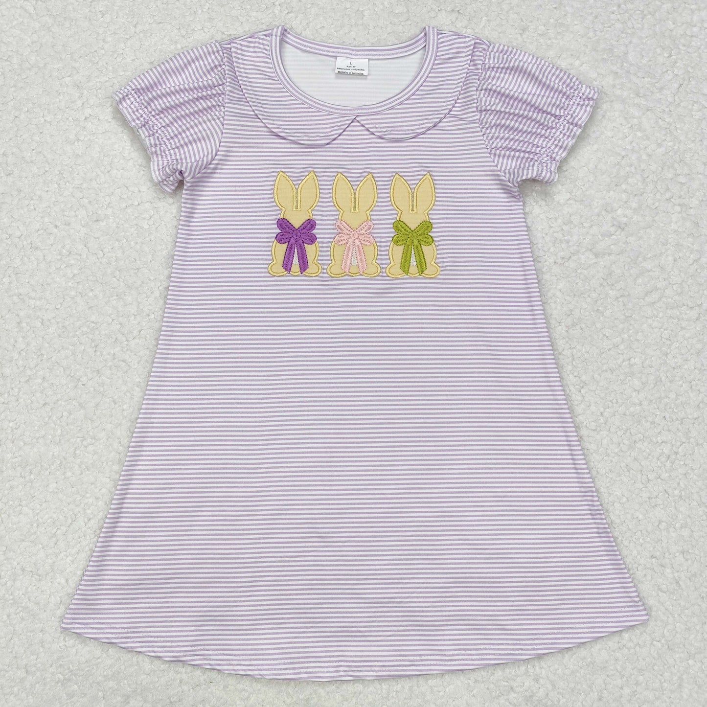 RTS NO MOQ ETA 5/7days Arrived GSD1470 Embroidered bow rabbit purple striped doll collar short-sleeved dress