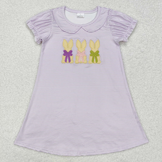RTS NO MOQ ETA 5/7days Arrived GSD1470 Embroidered bow rabbit purple striped doll collar short-sleeved dress