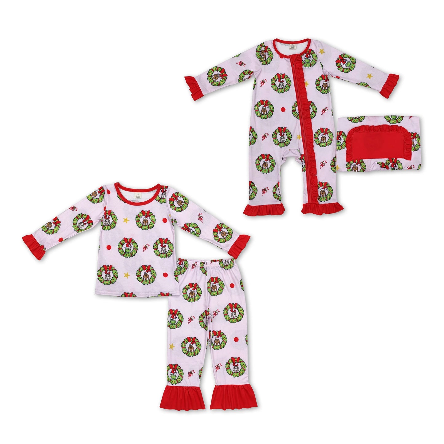 RTS NO MOQ GLP1741 LR1664 Green Christmas Wreath Light Pink Long Sleeve Suit & Romper