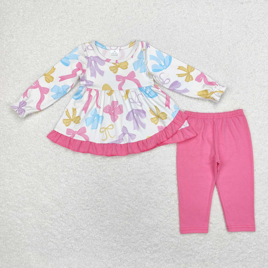 rts no moq GLP1561 Bow Pattern Pink Lace Long Sleeve Pants Set