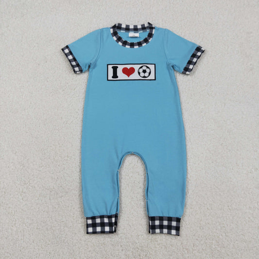 RTS NO MOQ（In Stock) Embroidered "I Love Football" Heart Black Check Blue Short-Sleeve Jumpsuit