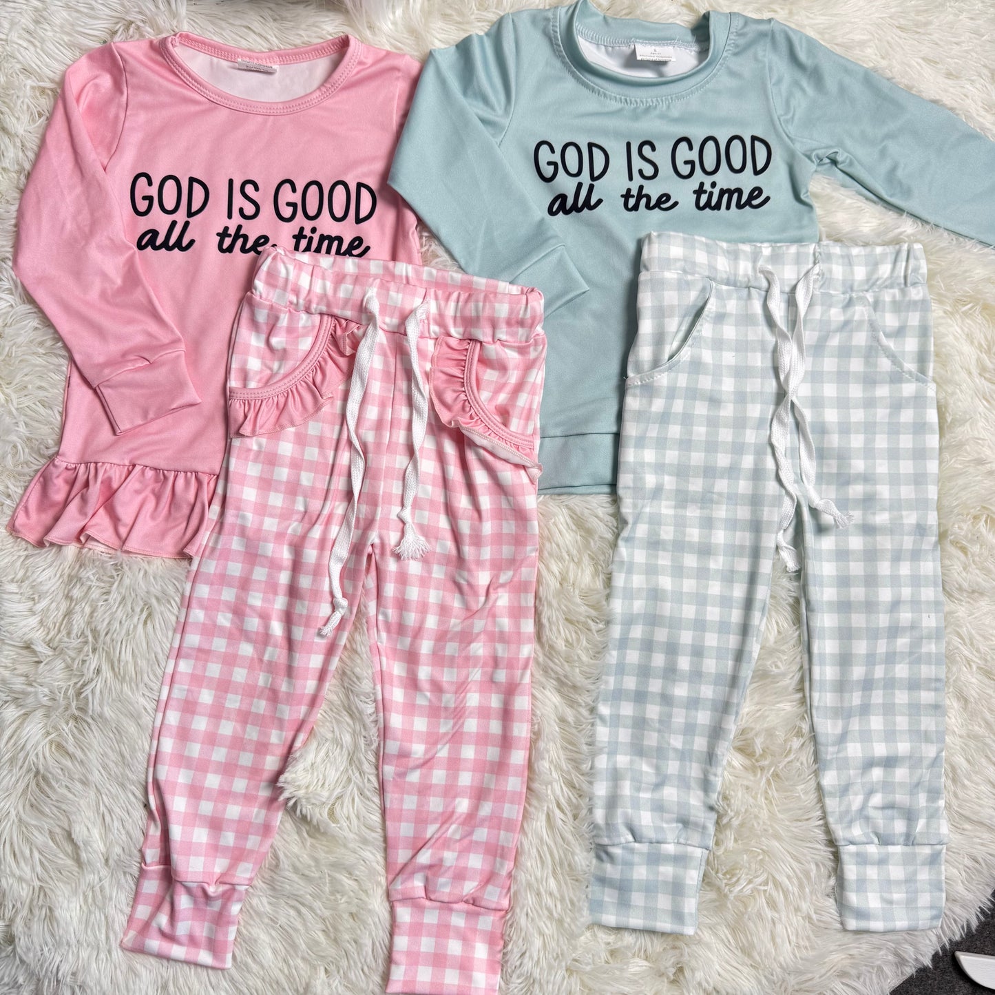 RTS NO MOQ Sibling baby girl boys clothes GOD long-sleeved pants sets