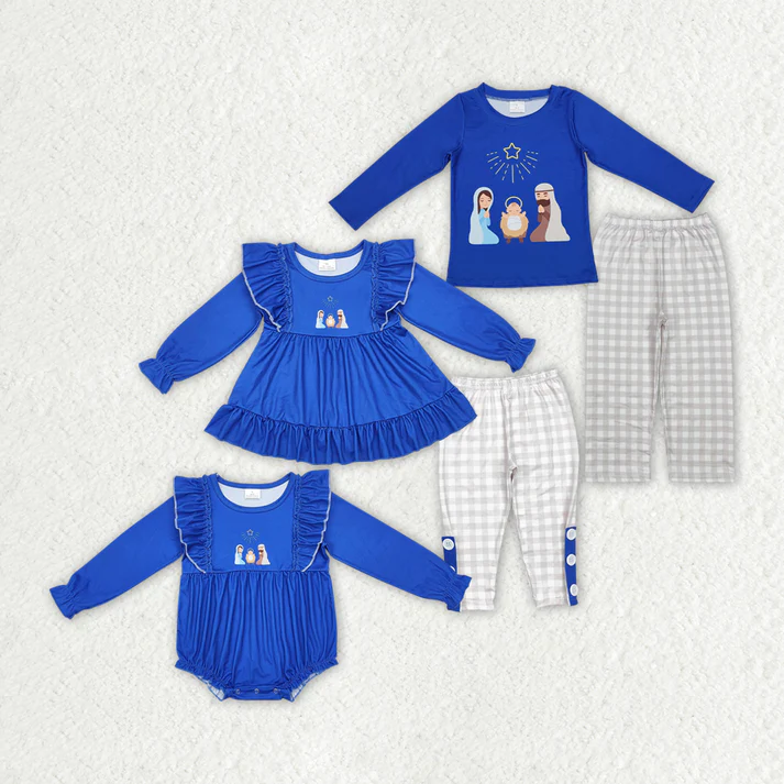 RTS NO MOQ Baby Girls Jesus blue long sleeve Clothes Sets