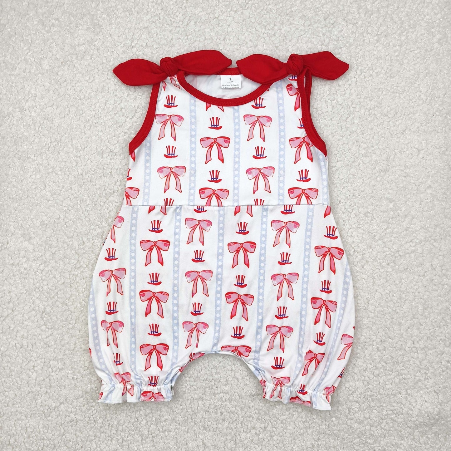 RTS NO MOQ SR2765 Red bow hat vertical stripes white sleeveless vest jumpsuit