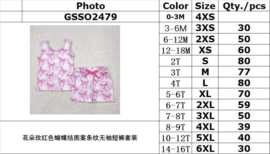 RTS NO MOQ GSSO2479 Flower rose red bow pattern striped sleeveless shorts set