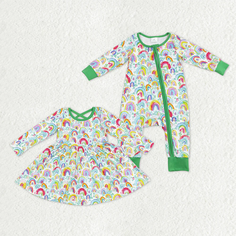 RTS NO MOQ Sibling Baby girl clothes rainbow long sleeved rompers and dress