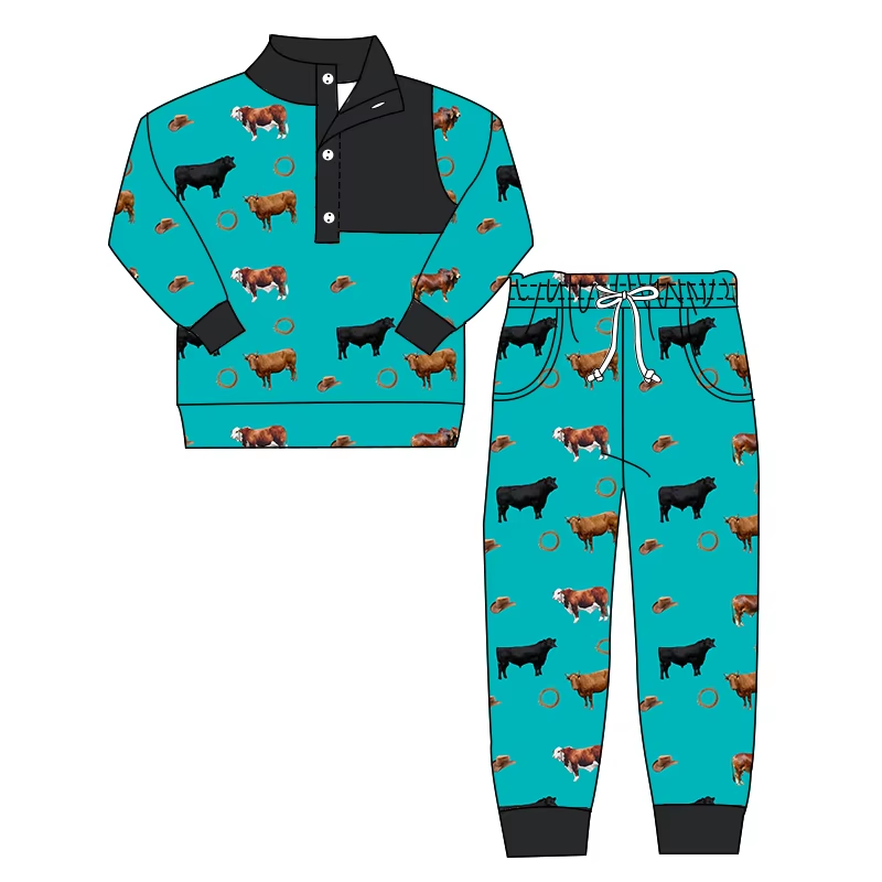 Custom moq 5 mix size milk silk summer baby boy clothes cow horse long sleeve pants sets-25.8.15