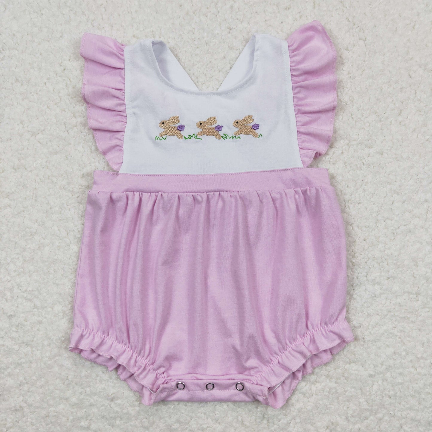RTS NO MOQ（In Stock) Embroidery Three Rabbits Bow Purple and White Flying Sleeve Jumpsuit