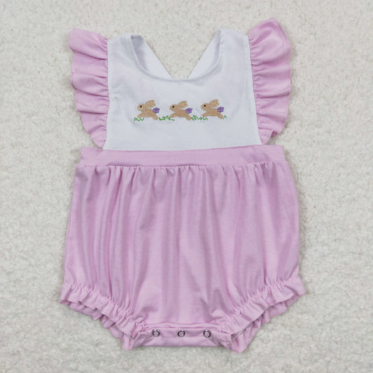 SR0620 Embroidery Three Rabbits Bow Purple and White Flying Sleeve Jumpsuit