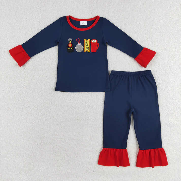 RTS NO MOQ Embroidered train-bell-card-cup pattern dark blue long-sleeved suit & adult trousers