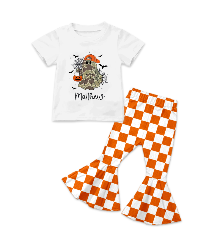 Custom MOQ 5  summer teams baby girl clothes camouflage ghost bow orange plaid short sleeve pants sets-25.8.16