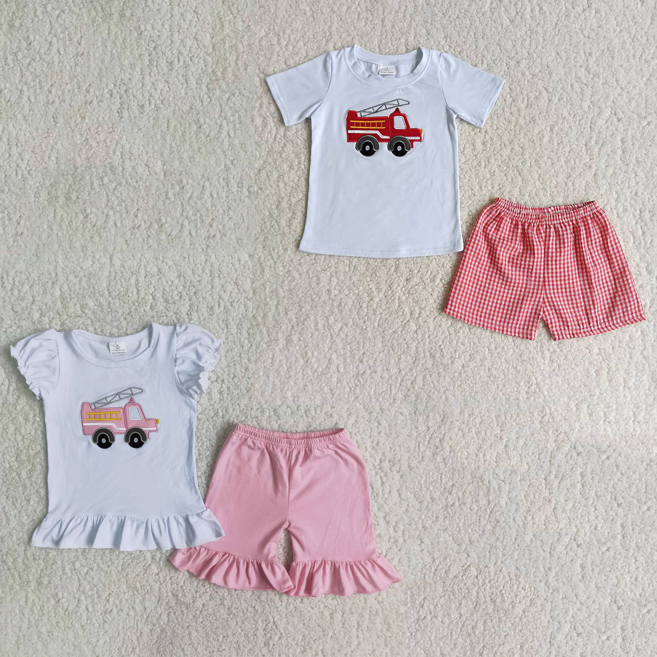 RTS NO MOQ B3-4 B3-13  Embroidered Fire Truck Pattern Boys and Girls Short Sleeve Shorts Set