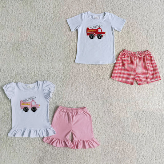 RTS NO MOQ B3-4 B3-13  Embroidered Fire Truck Pattern Boys and Girls Short Sleeve Shorts Set