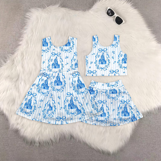 RTS NO MOQ Girls clothes blue yoga Dream short sleeve Clothes Sets dress