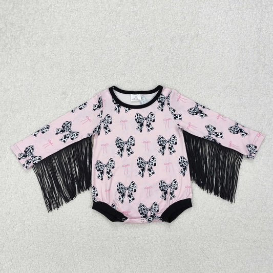 RTS NO MOQ ETA 5/7days arrived LR1824 Cow Pattern Bow Pattern Tassel Pink Black Long Sleeve Onesie