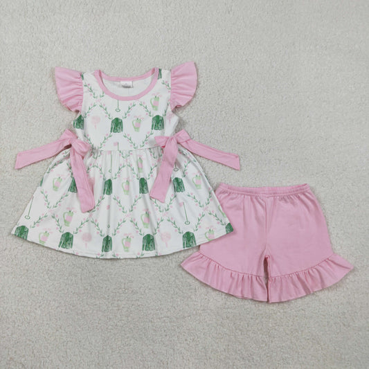 RTS NO MOQ（In Stock) GSSO3063 Pink Shorts Set with Floral and Leaf Plaid Pattern and Bow Pattern