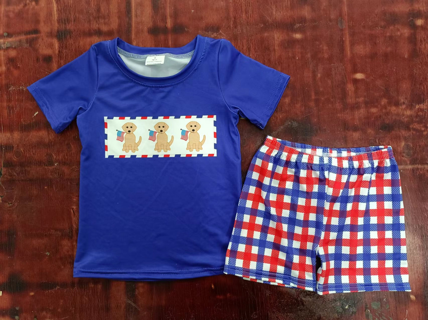 summer boys 4th of July dog flag blue short sleeve red and blue grid shorts boys sets