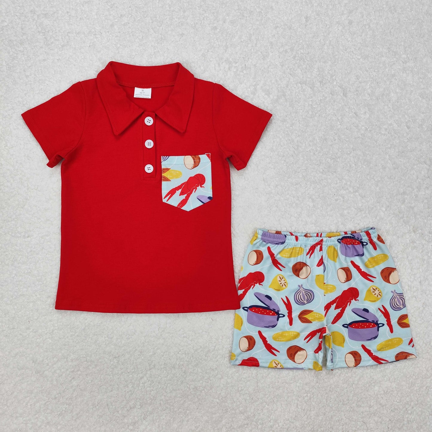 RTS NO MOQ ETA 5/7days Arrived BSSO1188 Crayfish corn pocket red short-sleeved shorts set