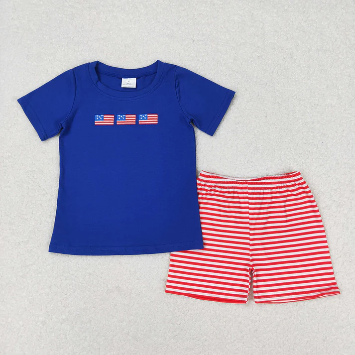 RTS NO MOQ baby boy Clothes 4th of july embroidery short sleeve shorts Sets