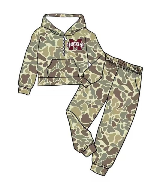 Custom moq 5 mix size milk silk summer teams baby boy clothes camouflage hooded long sleeve pants sets-25.8.30