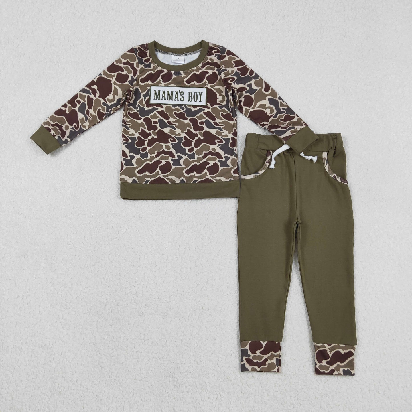 RTS NO MOQ（In Stock ) BLP1330 Embroidered Mama's Boy Brown and Green Camouflage Long-Sleeve Pants Set