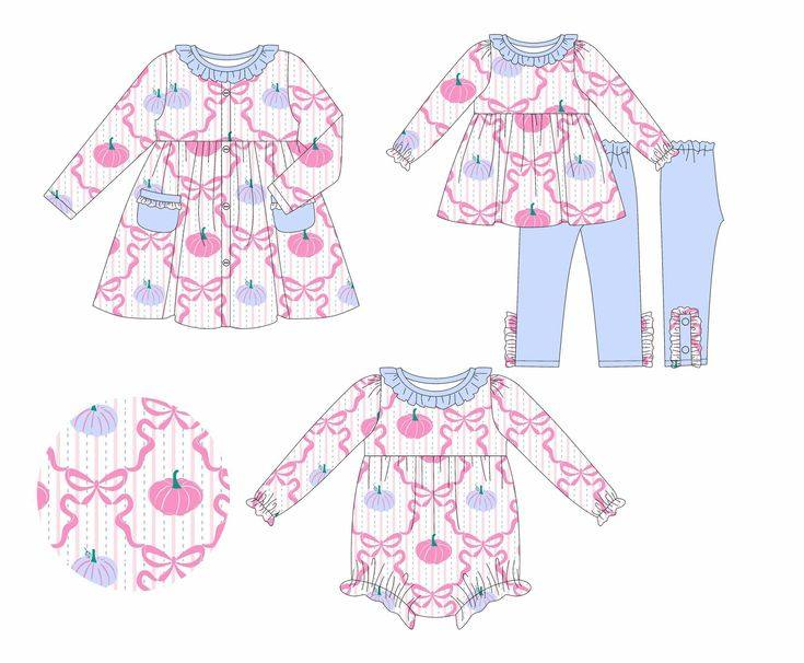 Custom moq 5 each style eta 6-7weeks baby girl clothes pumpkin bow pink long sleeve pant sets and dress and romper
