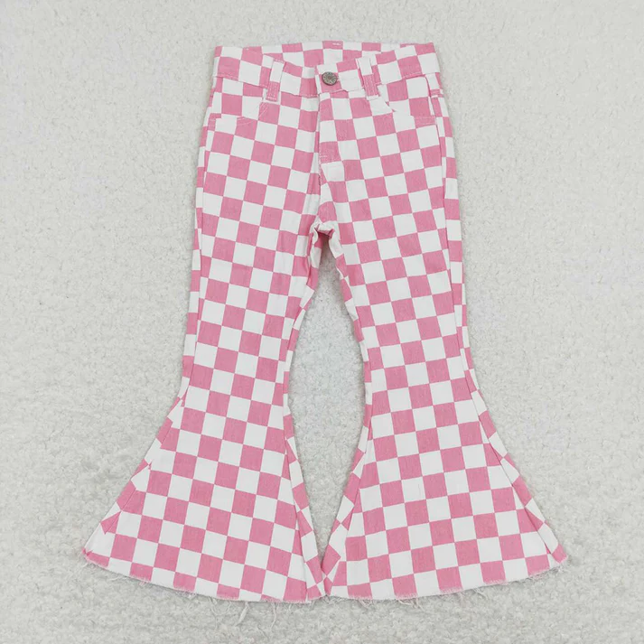 RTS NO MOQ Children's Plaid Ripped Jeans & Plaid Flared Pants