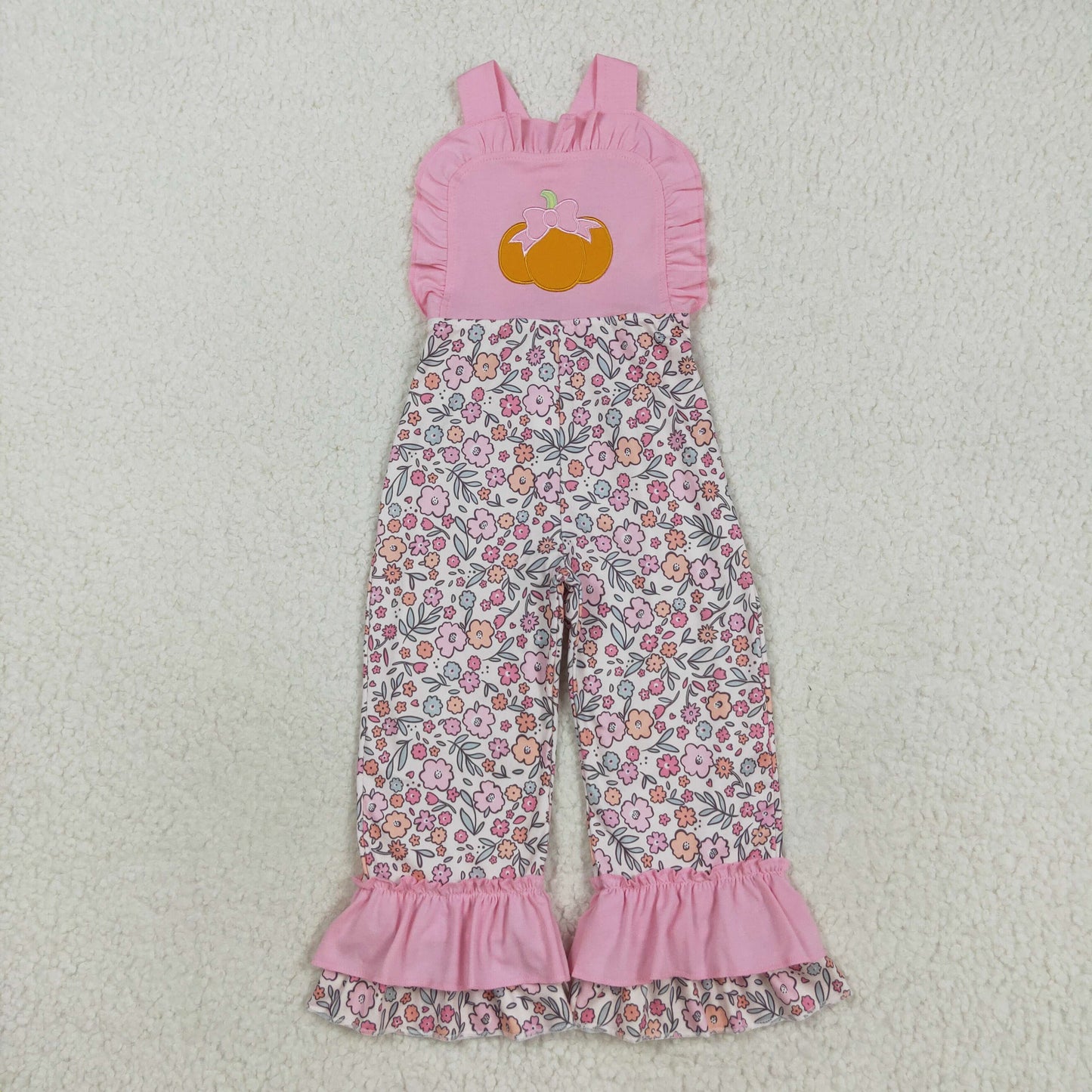 RTS NO MOQ（In Stock）SR3176 Pink lace suspender bodysuit with embroidered bow, pumpkin, flowers, and leaves