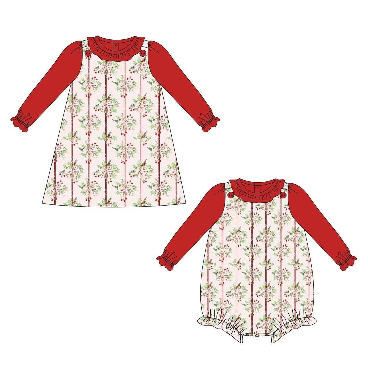 Custom moq 5 each style eta 6-7weeks baby girl clothes Christmas red long sleeve dress and romper