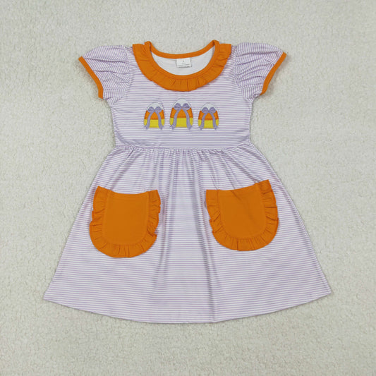 RTS NO MOQ（In Stock）GSD2791 Embroidered Halloween Candy Bow Pattern Orange Lace Pocket Purple Striped Short-Sleeved Dress
