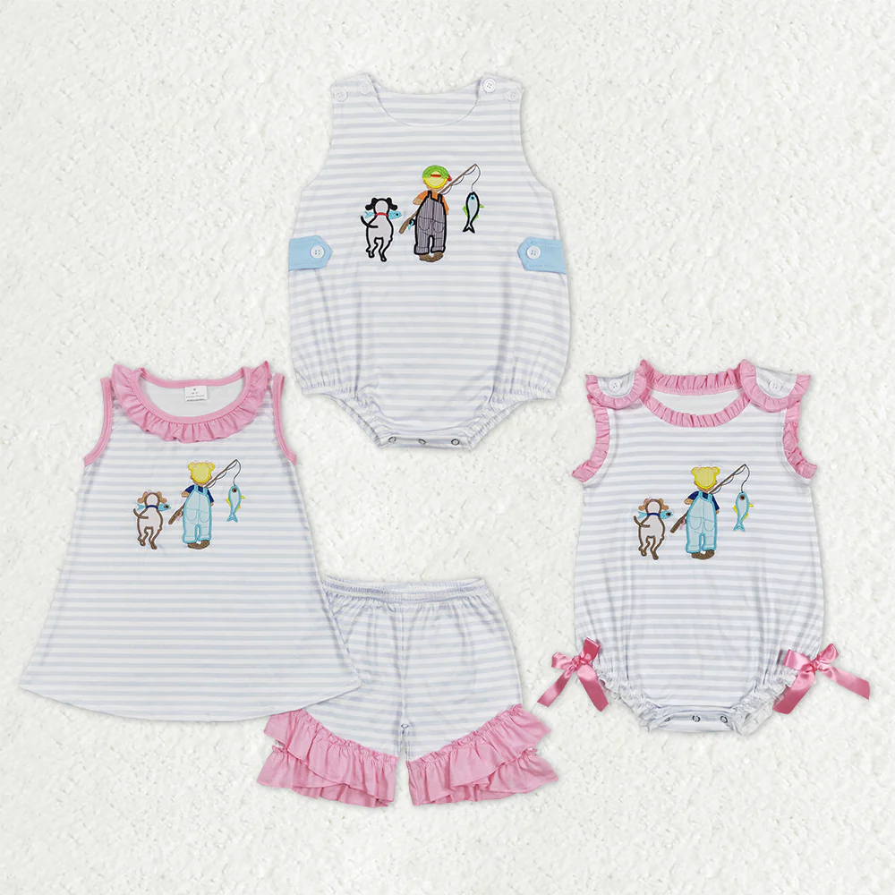 Baby Boys Fishing Blue Stripes Sibling Embroidery Summer Clothes Sets
