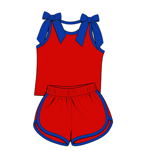 custom moq 5 mix size Baby Girls Blue Bow Sleeveless Red Top Shorts Summer Casual Clothes Set