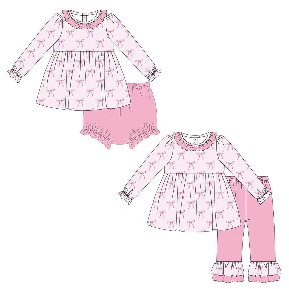 Custom moq 5 each style eta 6-7weeks baby gir clothes bow pink long sleeve pants and brief sets