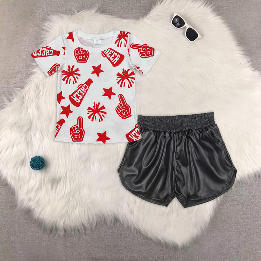 RTS NO MOQ ETA 5/7days Arrived GT0940+SS0413 Cheer red fireworks star white short-sleeved top Shiny leather black shorts sets