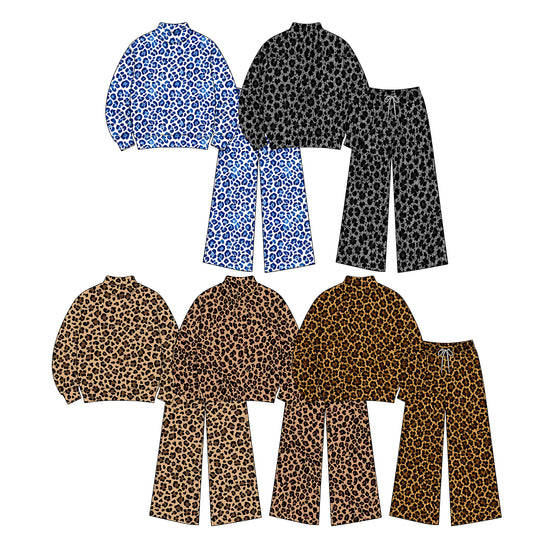 pre order no moq TESC0101 High Neck Baby Kids Leopard Print  Long Sleeve Top Pant Set
