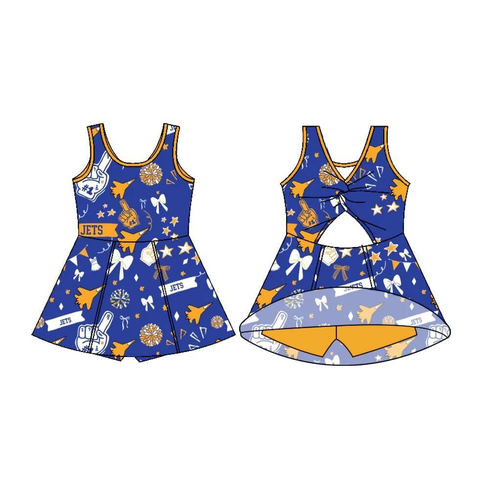 Custom moq 5 each style eta 6-7weeks baby girl clothes team bow blue sleeveless skirts dress-25.7.17