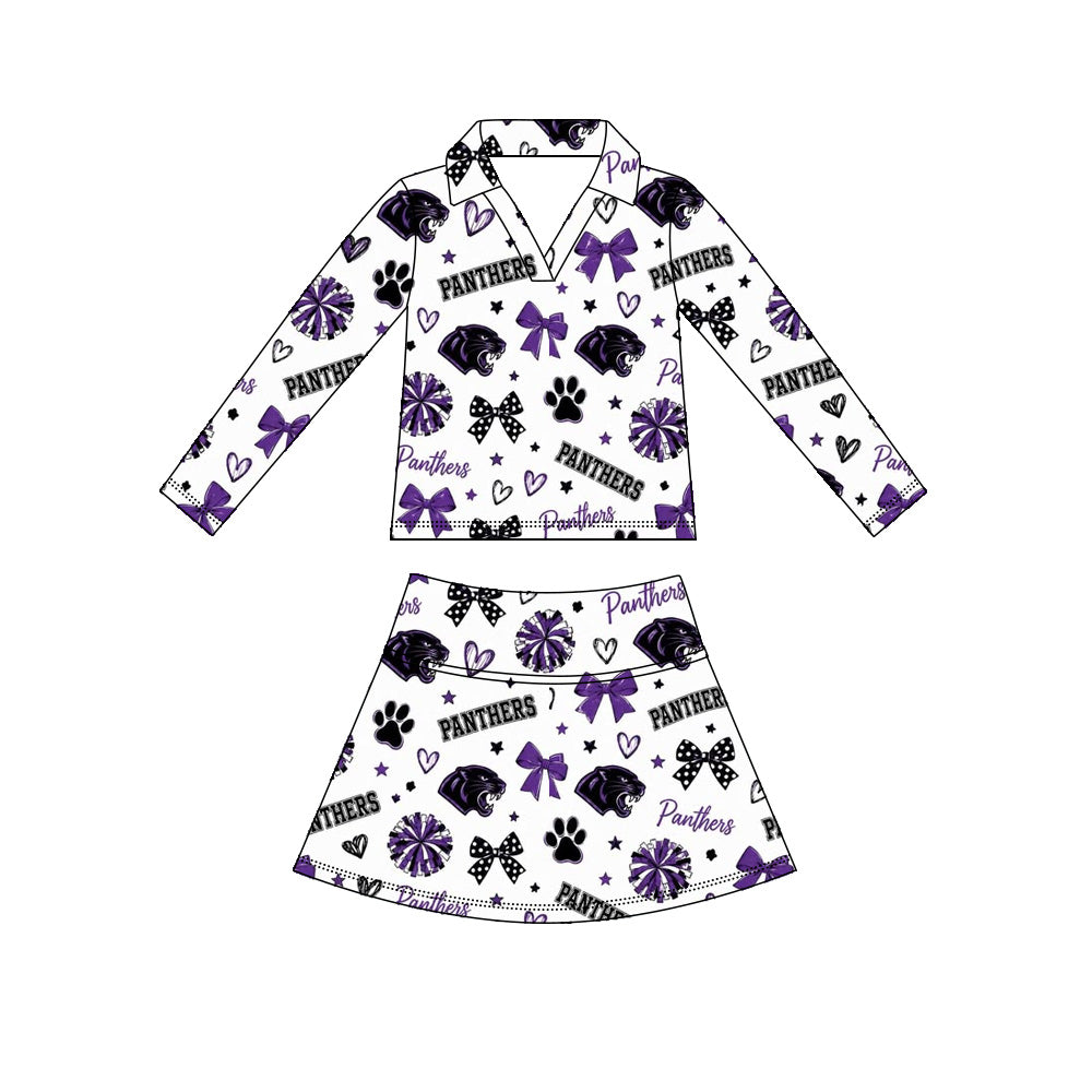 custom moq 5 mix size MNMD0102 Baby Girls Cheer Print Long Sleeve Collared Top And Skirt Set Bow Print Outfit