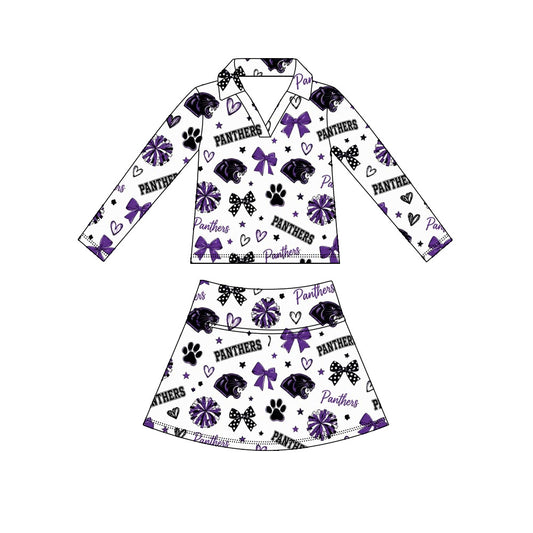 custom moq 5 mix size MNMD0102 Baby Girls Cheer Print Long Sleeve Collared Top And Skirt Set Bow Print Outfit