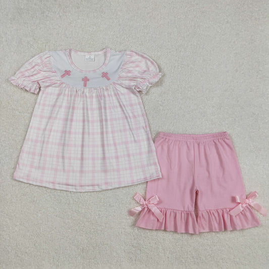 RTS NO MOQ ETA 5/7days arrived GSSO1855 Embroidered Easter cross pink plaid short-sleeved shorts set