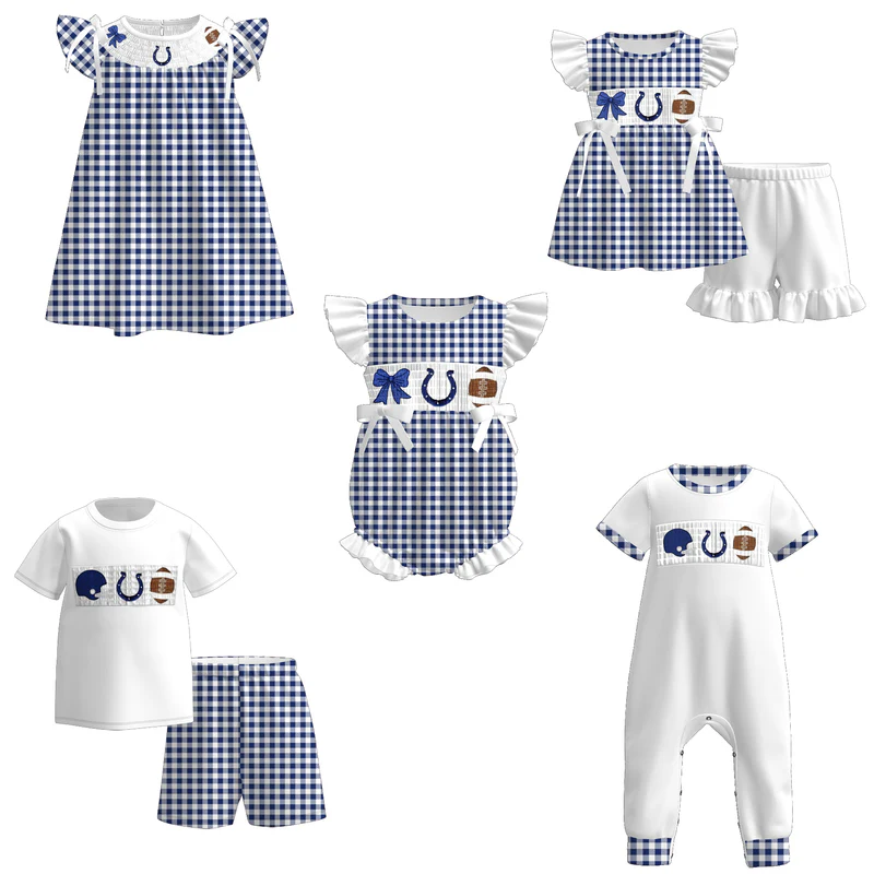Custom summer teams baby girls clothes team blue short sleeve shorts sets dress romper-25.7.19