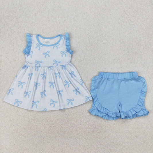 RTS NO MOQ ETA 5/7days Arrived GSSO2120 Blue bow pattern check lace sleeve shorts set